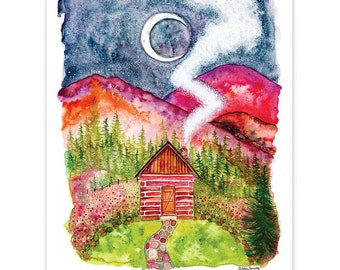 Tranquil Hearth Druck und Grußkarte, Aquarell Malerei Wand Kunst Hütte Wald Berghütte Wohnzimmer Schlafzimmer Geschenk