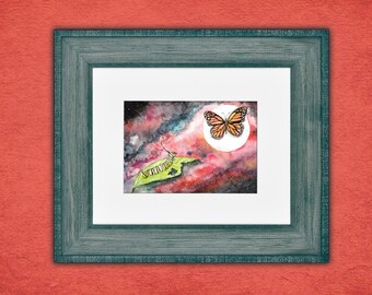 Hypnotisierender Monarch, 5x7, Aquarelldruck, Aquarellkunst, Malerei, Schmetterlingskunst, Nachthimmelkunst, Mondkunst, Raupe