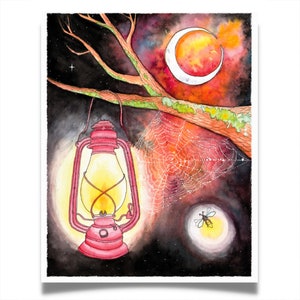 Carte de voeux et d'impression de méfait de minuit, peinture à l'aquarelle de lanterne rouge luciole ciel nocturne lune galaxie halloween art mural toile d'araignée