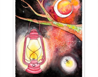 Midnight Mischief Druck und Grußkarte, rote Laterne Aquarell Malerei Glühwürmchen Nachthimmel Mond Galaxie Halloween Kunst Spinnweben Kunst