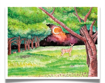 Gesprenkeltes Reh, 15x20, 20x20, Kitz, Kirschbäume, Obstgarten, Aquarell, Galaxie Kunst, Nachthimmel Kunst, Rehkunst, Obstgarten Kunst, Malerei