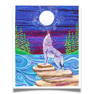 Impression Howl at the Moon et carte de voeux, peinture, art mural, gris, gris, hurlant, ciel nocturne, étoiles, étoilé, cadeau, cadeaux, lui, elle, garçon fille