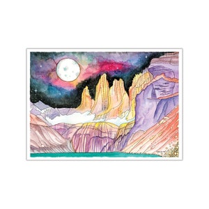 Impressão e cartão de felicitações Torres Del Paine, Patagônia, aquarela, arte de parede do sul do Chile, montanha, natureza, aventura, presente, presentes para ela e ele