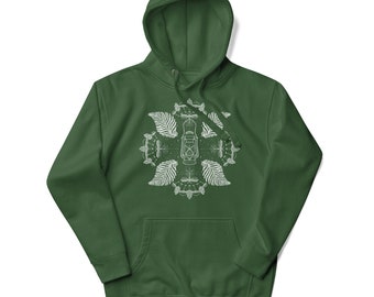 Woodland Wonders Unisex Hoodie Laterne, Glühwürmchen, Farn, Morchel, Pilze, Hütte, Sammler, Waldboden, Hütte, Leuchtkäfer, Sterne
