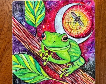 Tree Frog 3” Sticker, weatherproof, firefly, lightning bug, moon, cute, dishwasher safe, vinyl decal, laptop, car bumper, water bottle,
