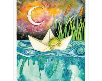 Odyssee Frosch Print und Grußkarte, Aquarell, niedlich, niedlich, witzig, Wandkunst, Schlafzimmer, Kinderzimmer, Geschenk für sie