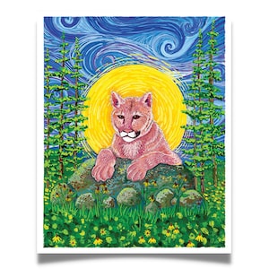 Impressão e cartão de felicitações de força Cougar, pintura de parede arte leão da montanha presentes de inauguração para ela ele Van Gogh quarto de gato selvagem