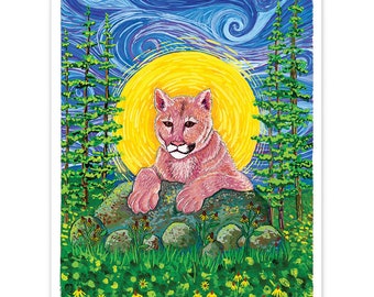 Stärke Cougar Druck und Grußkarte, Gemälde Wand Kunst Berglöwe Einweihungsgeschenk Geschenke für sie ihn Van Gogh Wildkatze Schlafzimmer