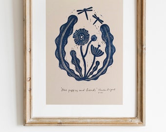 Blue Poppies and Friends | Original Linocut Print