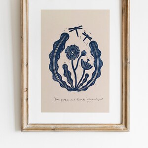 Blue Poppies and Friends | Original Linocut Print