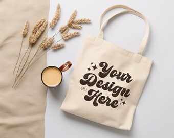 Natural Canvas Tote Bag Mockup: Boho Flat Lay (JPG)