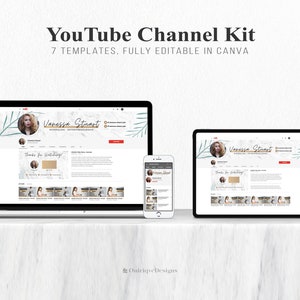 May include: A mockup of a YouTube channel kit with 7 templates, fully editable in Canva. The kit features a banner with a woman's photo, a green leaf design, and the text "Vanessa Stuart". The channel page includes a "Thanks for Watching" section with a marble background and a grid of video thumbnails.