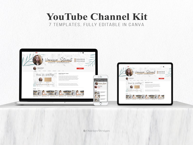 May include: A mockup of a YouTube channel kit with 7 templates, fully editable in Canva. The kit features a banner with a woman's photo, a green leaf design, and the text "Vanessa Stuart". The channel page includes a "Thanks for Watching" section with a marble background and a grid of video thumbnails.