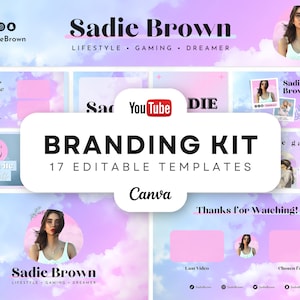 YouTube Branding Kit | Editable Banners, Intros, Thumbnails, Outros | 17 Editable Canva Templates | YouTube Channel Kit - Aesthetic Clouds