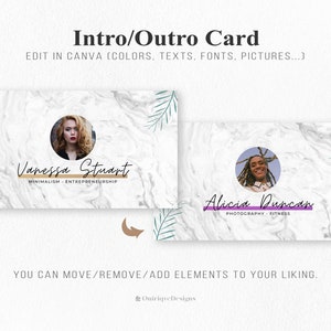 May include: Two editable intro or outro cards with a marble background and a green leaf design. The first card features a woman with brown hair and a white shirt. The text on the card reads "Vanessa Stuart" and "Minimalism - Entrepreneurship". The second card features a woman with dreadlocks and a white shirt. The text on the card reads "Alicia Duncan" and "Photography - Fitness".