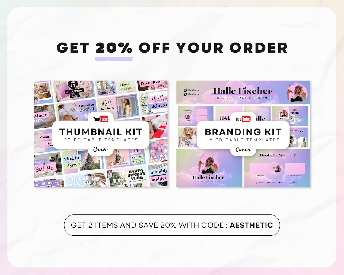 Youtube Thumbnail Kit 20 Thumbnails Editable in Canva Youtube Brand Kit ...