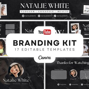 YouTube Brand Kit • YouTube Banners, Intros, Thumbnails, Outros • 17 Editable Canva Templates • YouTube Channel Kit • Black Marble