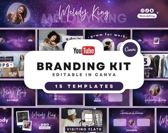 YouTube Branding Kit | Banners, Intros, Thumbnails, Outros | YouTube Channel Kit : 15 Editable Canva Templates - Purple Galaxy