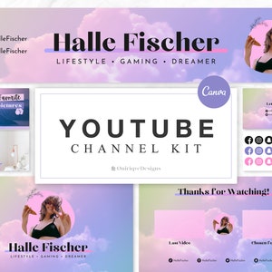 YouTube Channel Kit | Editable YouTube Banner, Intro, 2 Thumbnails, End Card | YouTube Brand Kit Editable Canva Templates | Aesthetic Clouds