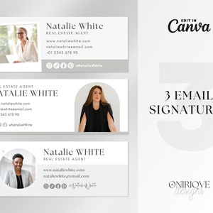 Op de afbeelding: Drie e-mail handtekening sjablonen met de naam "Natalie White", makelaar. Elke sjabloon bevat contactgegevens en een foto. De tekst "Edit in Canva" staat bovenaan en "3 Email Signatures" in het midden.