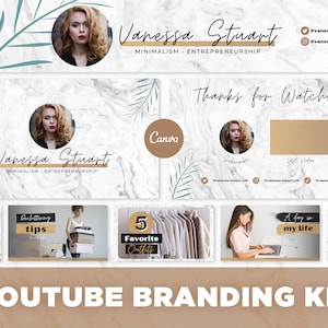 White Marble YouTube Branding Kit: Canva Templates (Digital Download)
