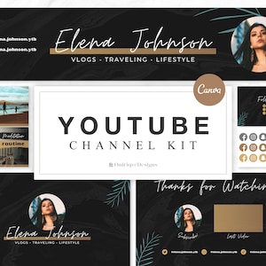 YouTube-kanaalkit | Bewerkbare YouTube-banner, intro, 2 miniaturen, eindkaart | YouTube-merkkit, bewerkbare Canva-sjablonen | Zwart marmer