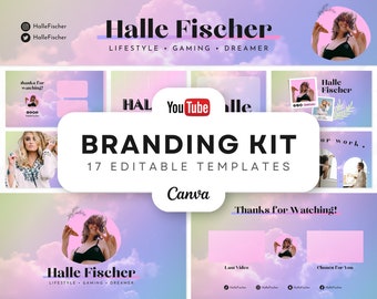 YouTube Branding Kit | Bearbeitbare Banner, Intros, Thumbnails, Outros | 17 bearbeitbare Canva-Vorlagen | YouTube Channel Kit - Ästhetische Wolken