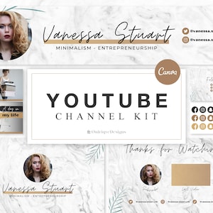 YouTube Channel Kit | Editable YouTube Banner, Intro, 2 Thumbnails, End Card | YouTube Brand Kit, Editable Canva Templates | White Marble