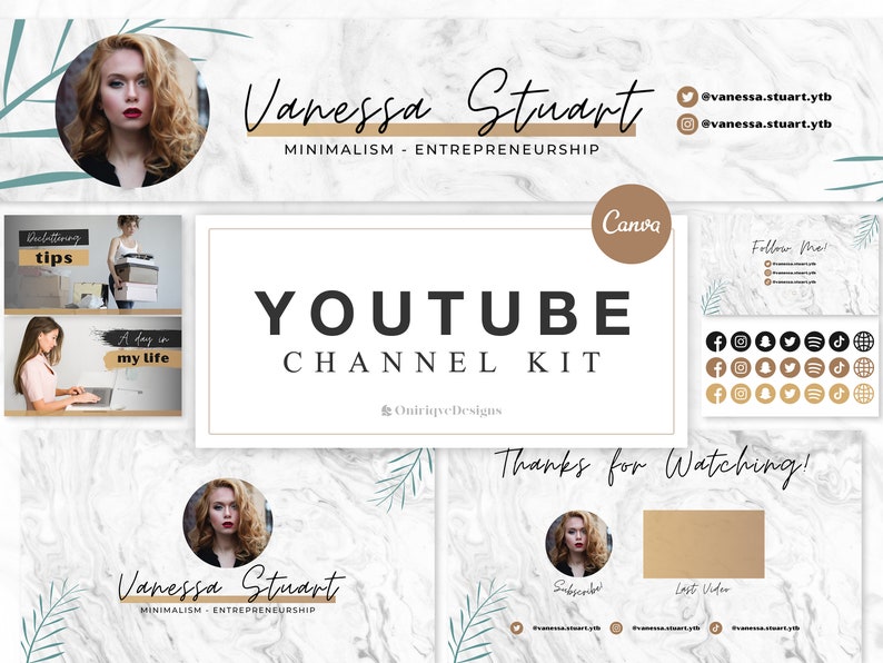YouTube Channel Kit | Editable YouTube Banner, Intro, 2 Thumbnails, End Card | YouTube Brand Kit, Editable Canva Templates | White Marble