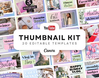 YouTube Thumbnail Kit | 20 Thumbnails Editable In Canva | Youtube Brand Kit, YouTube Channel Kit | Aesthetic Pastel Clouds