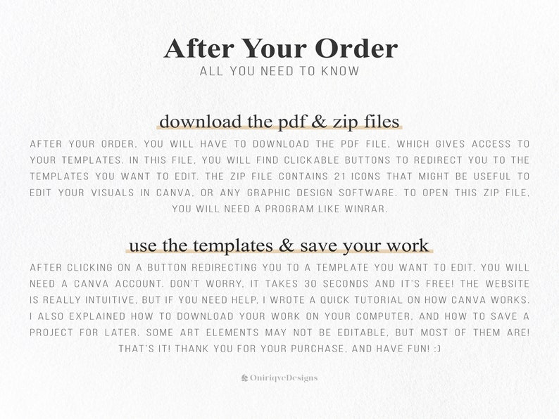 May include: A white background with black text explaining the steps to download and use digital templates after purchase. The text includes the phrases "download the pdf & zip files" and "use the templates & save your work".