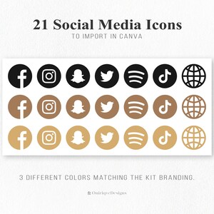 May include: Set of 21 social media icons in three different colors: black, brown, and gold. The icons include Facebook, Instagram, Snapchat, Twitter, Spotify, TikTok, and a globe.