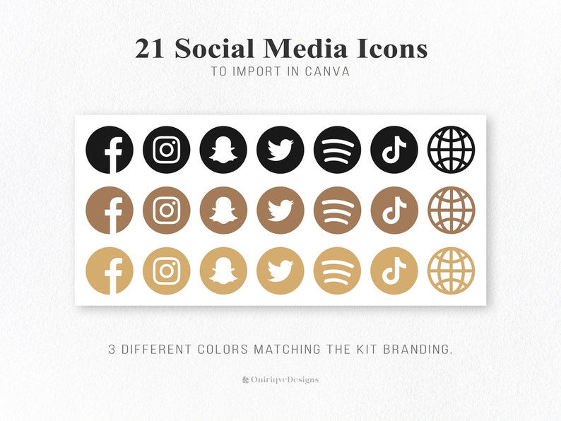 May include: Set of 21 social media icons in three different colors: black, brown, and gold. The icons include Facebook, Instagram, Snapchat, Twitter, Spotify, TikTok, and a globe.