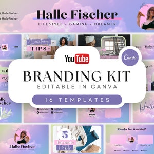 Kit di branding di YouTube / Banner modificabili, intro, miniature, outro / 16 modelli Canva modificabili / Kit canale YouTube - Aesthetic Clouds