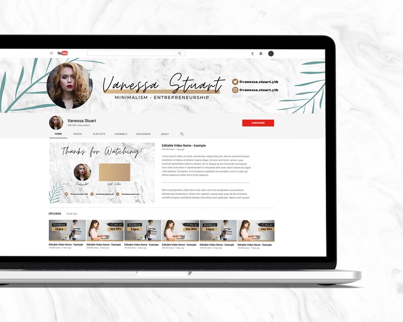 YouTube Channel Kit | Editable YouTube Banner, Intro, 2 Thumbnails, End Card | YouTube Brand Kit, Editable Canva Templates | White Marble
