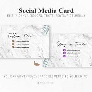 May include: Two social media cards with a marble background and green leaves. The first card says "Follow Me!" with social media handles for Twitter, Instagram, and TikTok. The second card says "Stay in Touch!" with social media handles for Twitter, Instagram, and TikTok.
