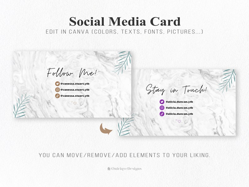 May include: Two social media cards with a marble background and green leaves. The first card says "Follow Me!" with social media handles for Twitter, Instagram, and TikTok. The second card says "Stay in Touch!" with social media handles for Twitter, Instagram, and TikTok.
