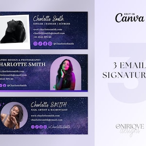 3 sjablonen voor e-mailhandtekeningen • Bewerkbare Canva-sjablonen • Kleine bedrijven, docenten, esthetisch e-mailontwerp, Gmail, Outlook • Galaxy