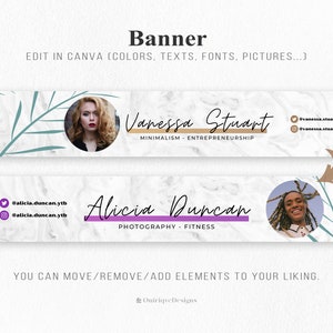 May include: Two editable YouTube banner templates with marble backgrounds, green leaves, and a photo of a person. The first banner says "Vanessa Stuart" with the text "Minimalism - Entrepreneurship". The second banner says "Alicia Duncan" with the text "Photography - Fitness".