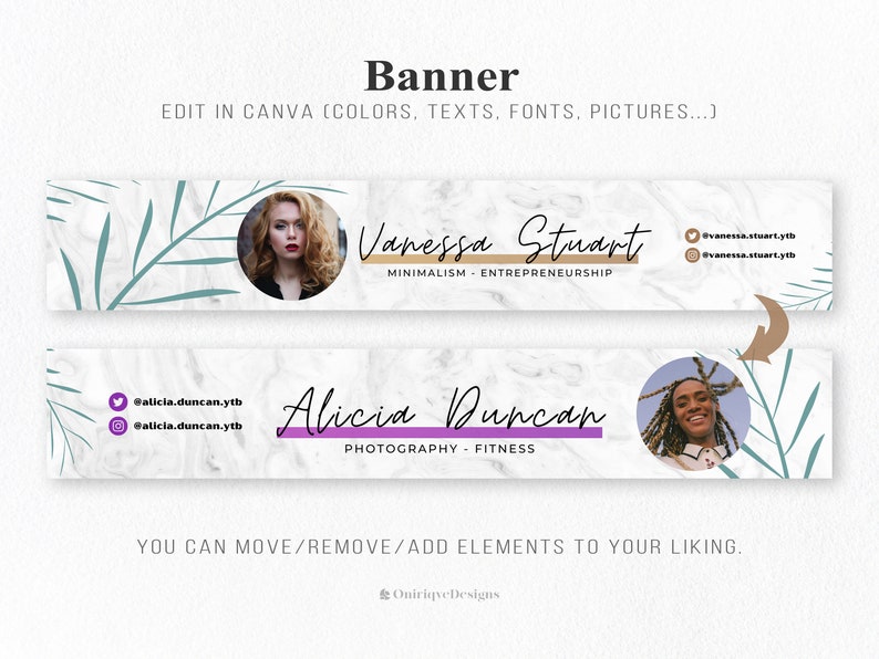 May include: Two editable YouTube banner templates with marble backgrounds, green leaves, and a photo of a person. The first banner says "Vanessa Stuart" with the text "Minimalism - Entrepreneurship". The second banner says "Alicia Duncan" with the text "Photography - Fitness".