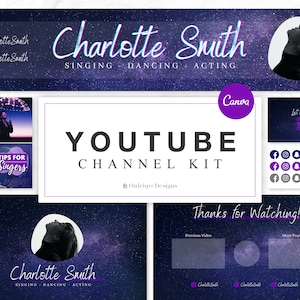 Kit canale YouTube/Banner YouTube, Intro, 2 miniature, schermata finale/Kit brand YouTube, modelli Canva modificabili/Galaxy