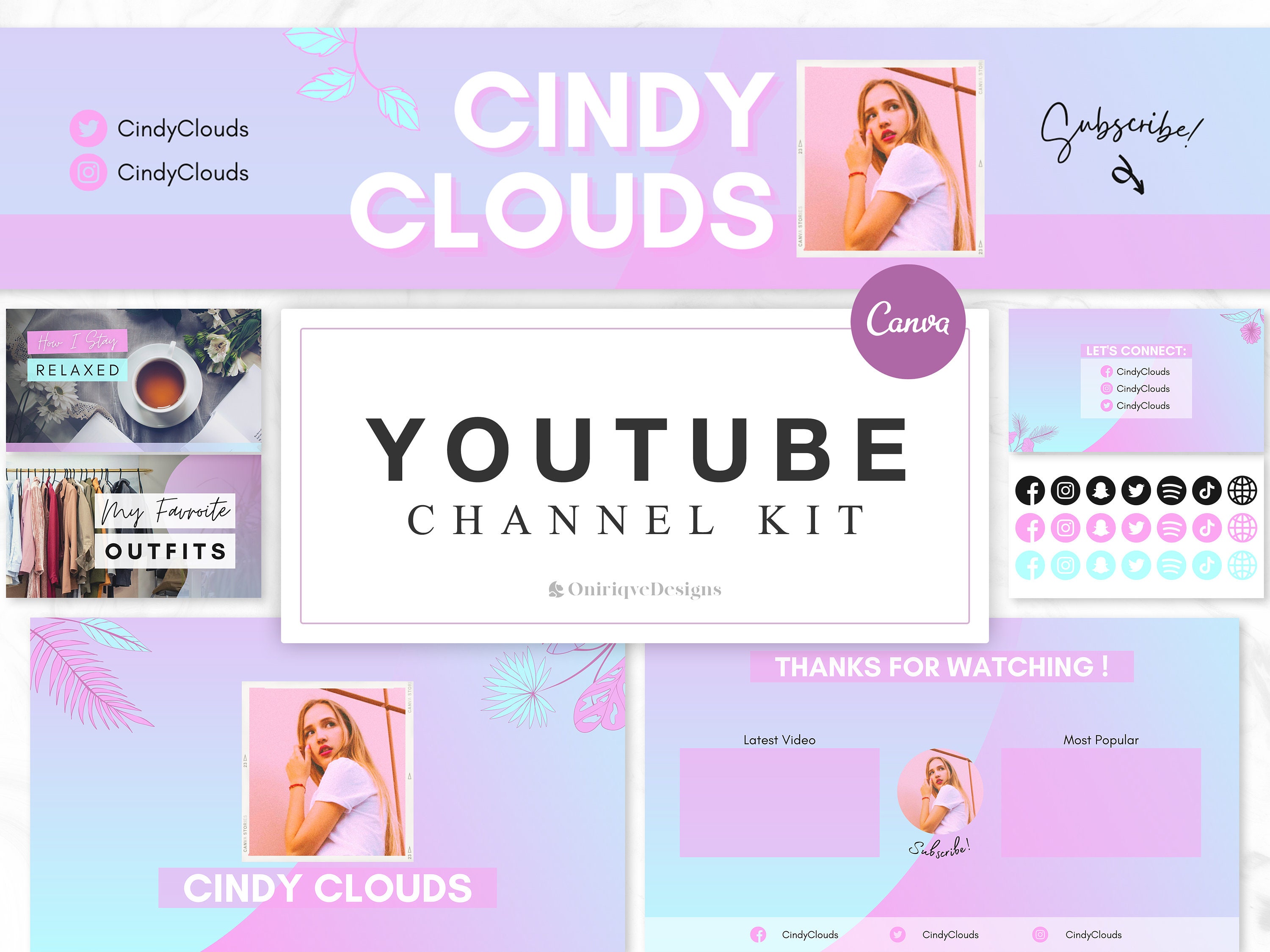 YouTube Channel Kit | YouTube Banner, Intro, 2 Thumbnails, End Screen, Outro | YouTube Brand Kit, Editable Canva Templates | Neon Aeshtetic