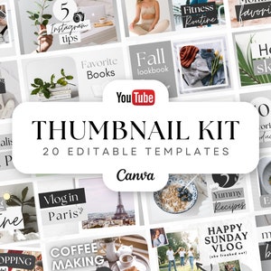 20 YouTube Thumbnails Editable In Canva | Youtube Brand Kit, YouTube Channel Kit, YouTube Thumbnail Kit - Minimal Gray