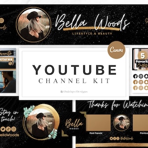 YouTube-kanaalkit | 2 YouTube-banners, 2 intro's, 2 outro's, 3 miniaturen, 2 watermerken | YouTube-merkkit, Canva-sjablonen | Zwart goud