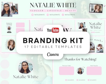 May include: Branding kit for YouTube with 17 editable templates. The kit features a pink and green color scheme with a photo of a woman with curly hair and glasses. The text "Natalie White" is featured in a bold font.