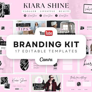 YouTube Branding Kit | Editable Banners, Intros, Thumbnails, Outros | 17 Editable Canva Templates | YouTube Channel Kit - Minimal Pink