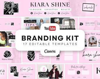 May include: Branding kit for social media with 17 editable templates for Canva. The kit features a pink and black color scheme with the text "KIARA SHINE" and "Branding Kit" in bold white text. The kit includes templates for YouTube, Instagram, and other social media platforms.