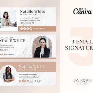 Sjablonen voor e-mailhandtekeningen • 3 bewerkbare Canva-sjablonen voor e-mail • Kleine bedrijven, onroerend goed, e-mailontwerp, Gmail, Outlook • Wit marmer
