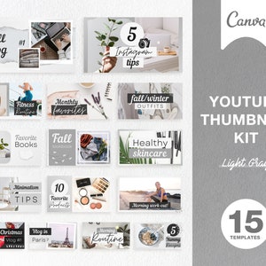 Canva YouTube Thumbnail Kit: Light Gray Templates (15 Editable)