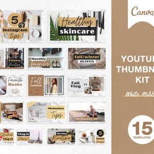 YouTube Thumbnail Kit | 15 Thumbnails Editable In Canva | Youtube Brand Kit, YouTube Channel Kit | White Marble And Gold